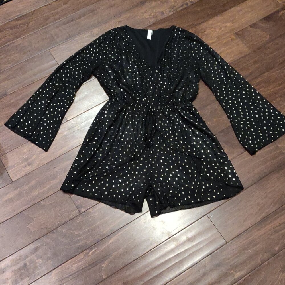Black and Gold Faux Wrap Pull On Romper With Bell Sleeves SIZE LARGE